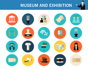 Museum and exhibition concept flat icons.