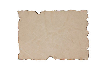 Single blank old dirty and burnt paper sheet isolated on white background
