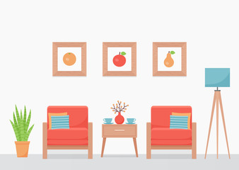 Room interior. Vector. Living room with coral armchairs and coffee table. Modern house background with furniture. Home inside. Domestic apartment. Banner in flat design. Cartoon illustration.