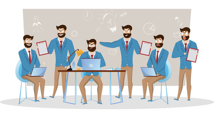 Creative illustration of Businessmen in different poses on gray background.