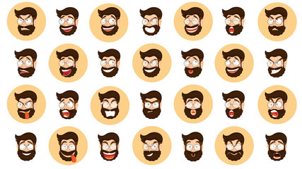 Different expression set with bearded man cartoon character on white background.