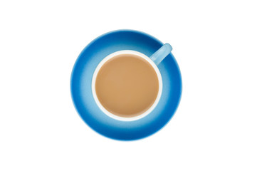 Single blue ceramic cup with handle full of hot fresh coffee with milk on circle saucer isolated on white background. Top view. Clipping path