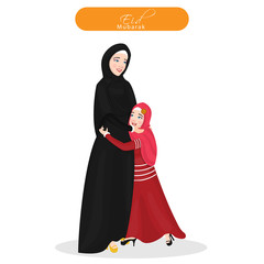 Character of a cheerful Islamic mother hugging her daughter in Eid Mubarak Celebration.