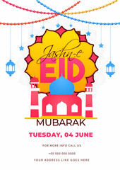Flat style invitation card design with mosque illustration and venue details for Jashn-E-Eid Mubarak celebration.