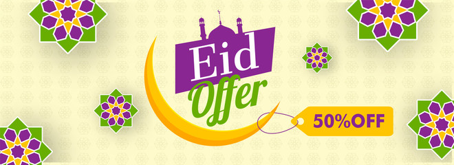 Eid Sale header or banner design with 50% discount offer and crescent moon on islamic pattern background.