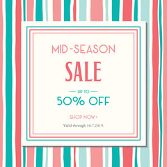 Square Mid-Season Sale Banner with Colorful Hand Drawn Vertical Stripes. Classy Summer Abstract Social, Printed Media Ad