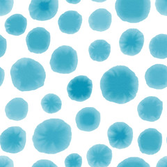 Seamless pattern with blue watercolour dots on white background.