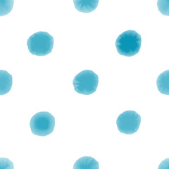 Seamless pattern with blue watercolour dots on white background.