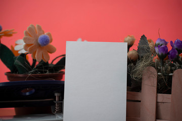 Flowers and writing equipments plus plain sheet above textured backdrop