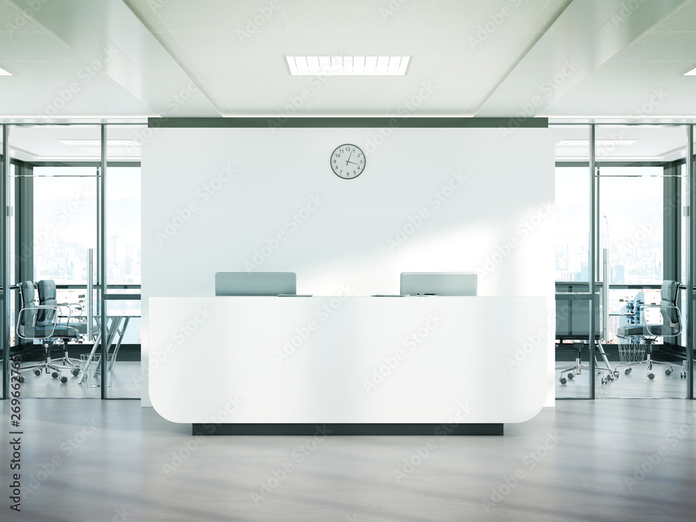 Poster Blank white reception desk in concrete office with large windows Mockup 3D rendering