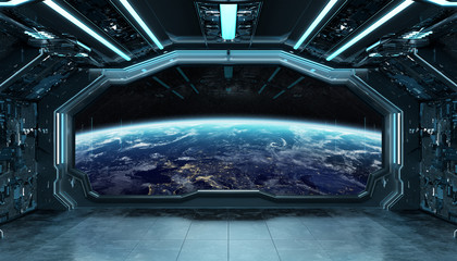 Dark blue spaceship futuristic interior with window view on planet Earth 3d rendering © sdecoret