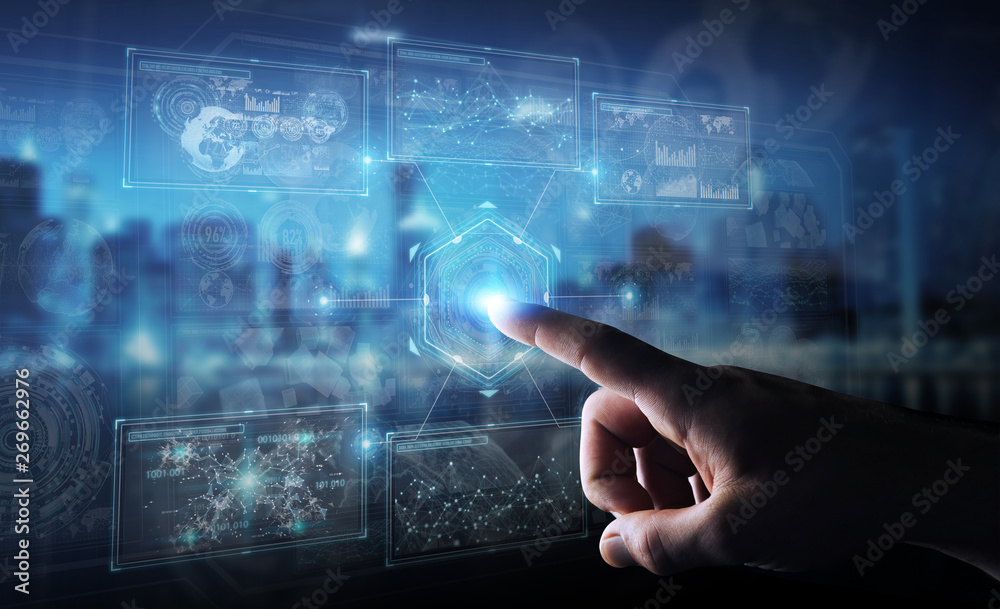 Poster businessman using digital technological interface with datas 3d rendering