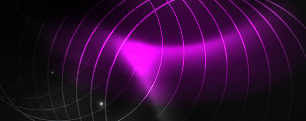 Shiny neon techno template. Neon lines background, 80s style laser rays