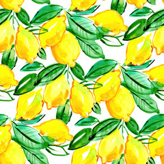 Lemon raster watercolor seamless pattern