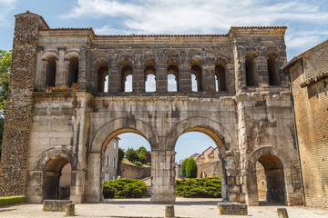Ancient Roman ruins (east gate) in Autun historic town, France