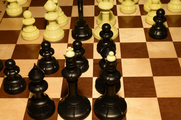 Chessboard and white chessmen for hobby concept