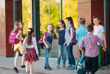 Schoolmates go to school. Students greet each other.