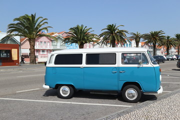 Blue car parked in Costa Nova. Costa Nova do Prado, Portugal.