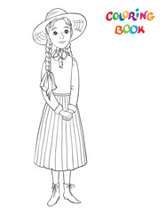Coloring page outline of Beautiful girl. Smiling girl in dress and straw hat. vector illustration