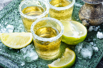 Tequila shot with lime and salt