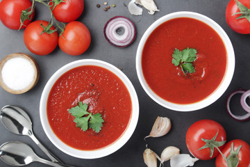 Two plates with gazpacho - traditional Spanish tomato soup