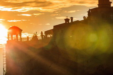 Fototapeta premium Sunset over Varlaam monastery in Meteora, Greece