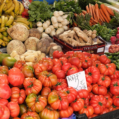 Marbella, Malaga province, Andalucia, Spain - March 18, 2019 : fresh fruits and vegetables for sale in a local farmers market