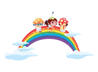 fungus elfs and fairy with rainbow