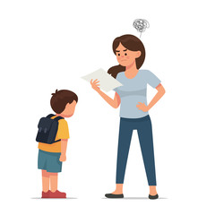 mother is upset with her son for getting bad grades at school, boy feel guilty for getting bad grades