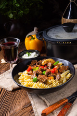 Fussili noodle with klaschise spicy goulash and paprika