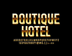 Vector luxury emblem Boutique Hotel with Golden Alphabet Letters, Numbers and Symbols. 3D elite Font 