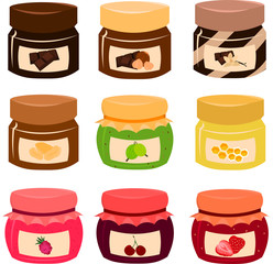 Seth vector bright jars. Jam, honey, chocolate and nut paste. Design for print, poster, flyer.
