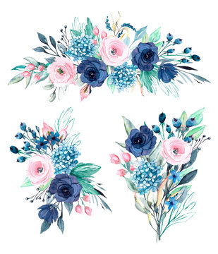 Watercolor floral set, bouquets summer flowers. Pink and blue roses hand drawing. Isolated on white. Perfectly for print design greeting card, banner, wedding decoration, poster, invitation.