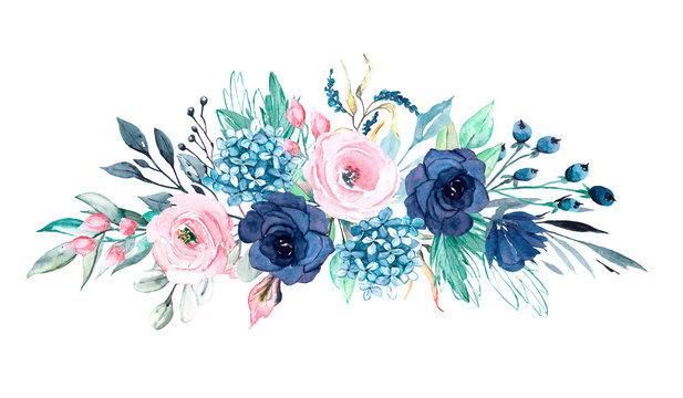Floral blue and pink composition isolated. Watercolor flowers. Perfectly for Mother's Day, wedding, birthday, Easter, Valentine's Day. Hand painted. Design for frame border.