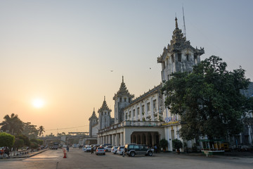 Naklejka na ściany i meble Beautiful Yangon Central Railway Station during sunrise