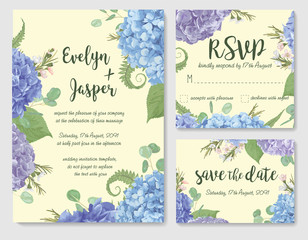 Set of vector wedding invitation, greeting card, save date. leaves, branches eucalyptus, gaultheria, salal, chamaelaucium, fern.Blue, purple, of flowers hydrangea. Design template for wedding