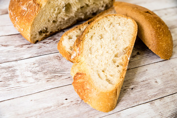 sliced bread on wooden table