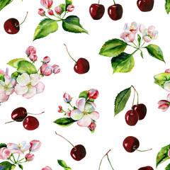 A blooming branch of apple tree in spring watercolor. Hand drawn apple tree branches and cherry seamless pattern. Perfect for wallpaper, fabric design, textile design, cover, surface textures. - 269671530