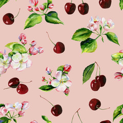 A blooming branch of apple tree in spring watercolor. Hand drawn apple tree branches and cherry seamless pattern. Perfect for wallpaper, fabric design, textile design, cover, surface textures. - 269671538