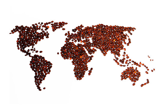 World's map from coffee beans on white background, geography ,photo 