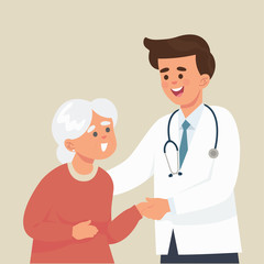 young doctor take care of old woman/grandmother, friendly doctor and his patient