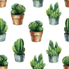 Cacti seamless pattern watercolor. Cactus in blossom illustration. Use as print, home or garden decoration, wrapping paper, textile or wallpaper. 