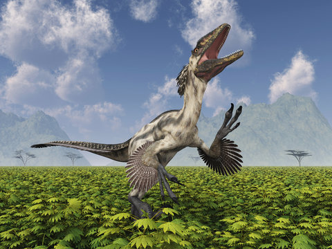 Dinosaurier Deinonychus in einer Landschaft