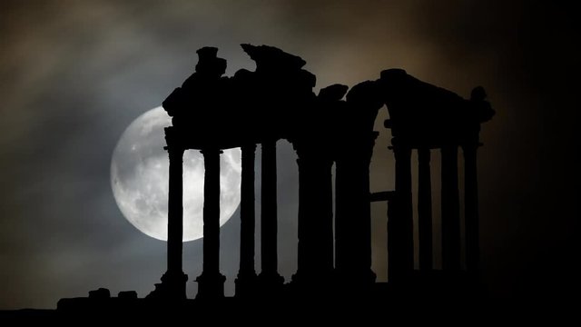 Tetrapylon by Night with Full Moon, Monumental Gate Dedicated to Aphrodite, the Greek goddess of love, Aphrodisias, Turkey