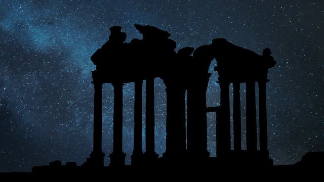 Tetrapylon by Night with Stars and Milky Way, Monumental Gate dedicated to Aphrodite, the Greek Goddess of Love, Aphrodisias, Turkey