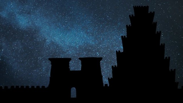 Tower of Babel by Night with Stars and Milky Way, the Legendary Building in Babylon. Religion Concept