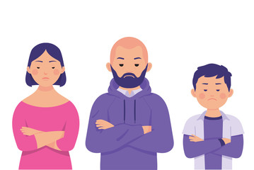 young woman, man and kid showing hateful faces, haters people concept