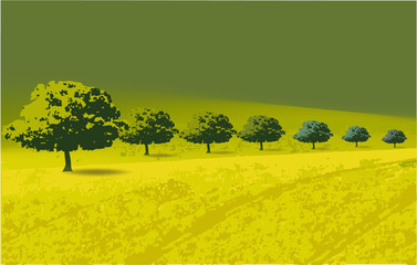 Landscape, nature trees green grass background fence