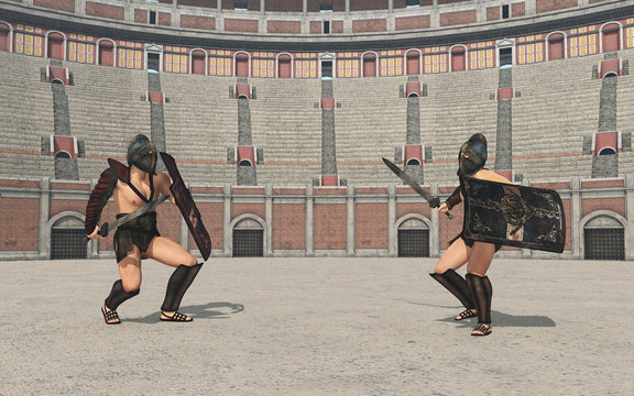 Thrakische Gladiatoren kämpfen im Kolosseum im antiken Rom