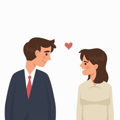 two coworkers staring to each other and fall in love, vector illustration character